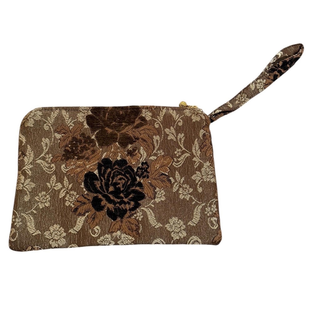Vtg Crown Lewis Tapestry Wristlet Clutch Lampo Zipper Floral Velvet Brocade